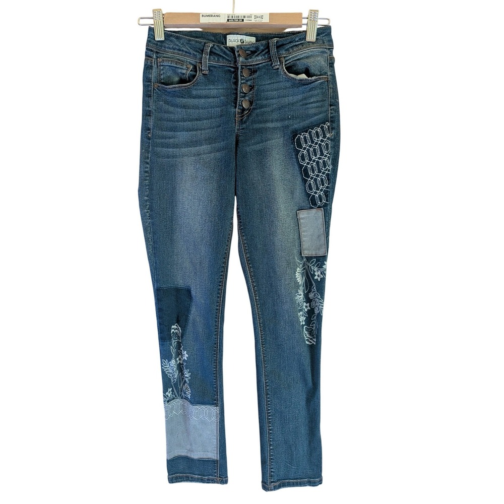 Black Daisy Jamie Relaxed Skinny Jeans Women 24/0 Boho Patchwork Embroidered Art